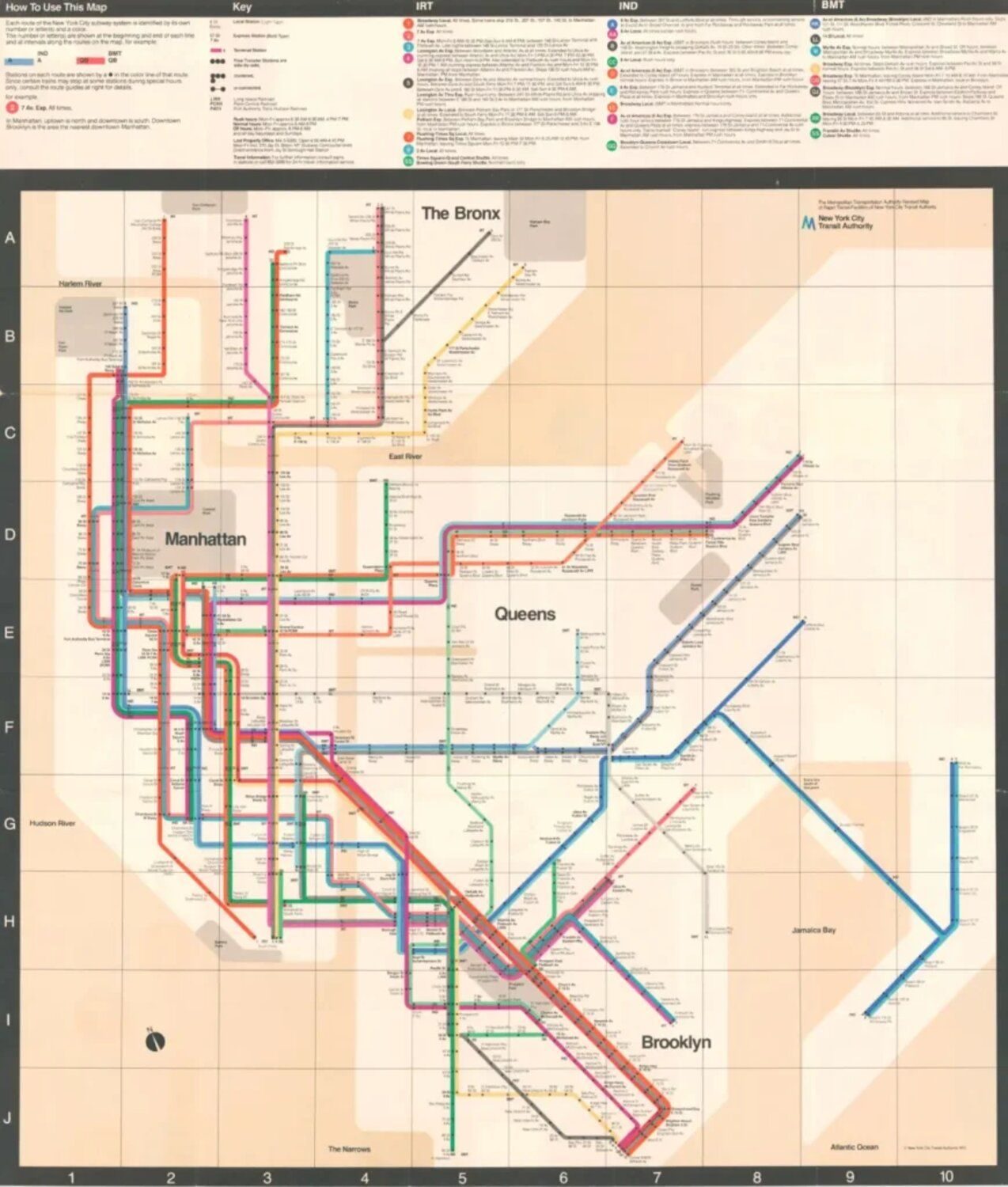 The 1972 New York City Subway diagram by Massimo Vignelli — full map with coloured route lines on a white ground