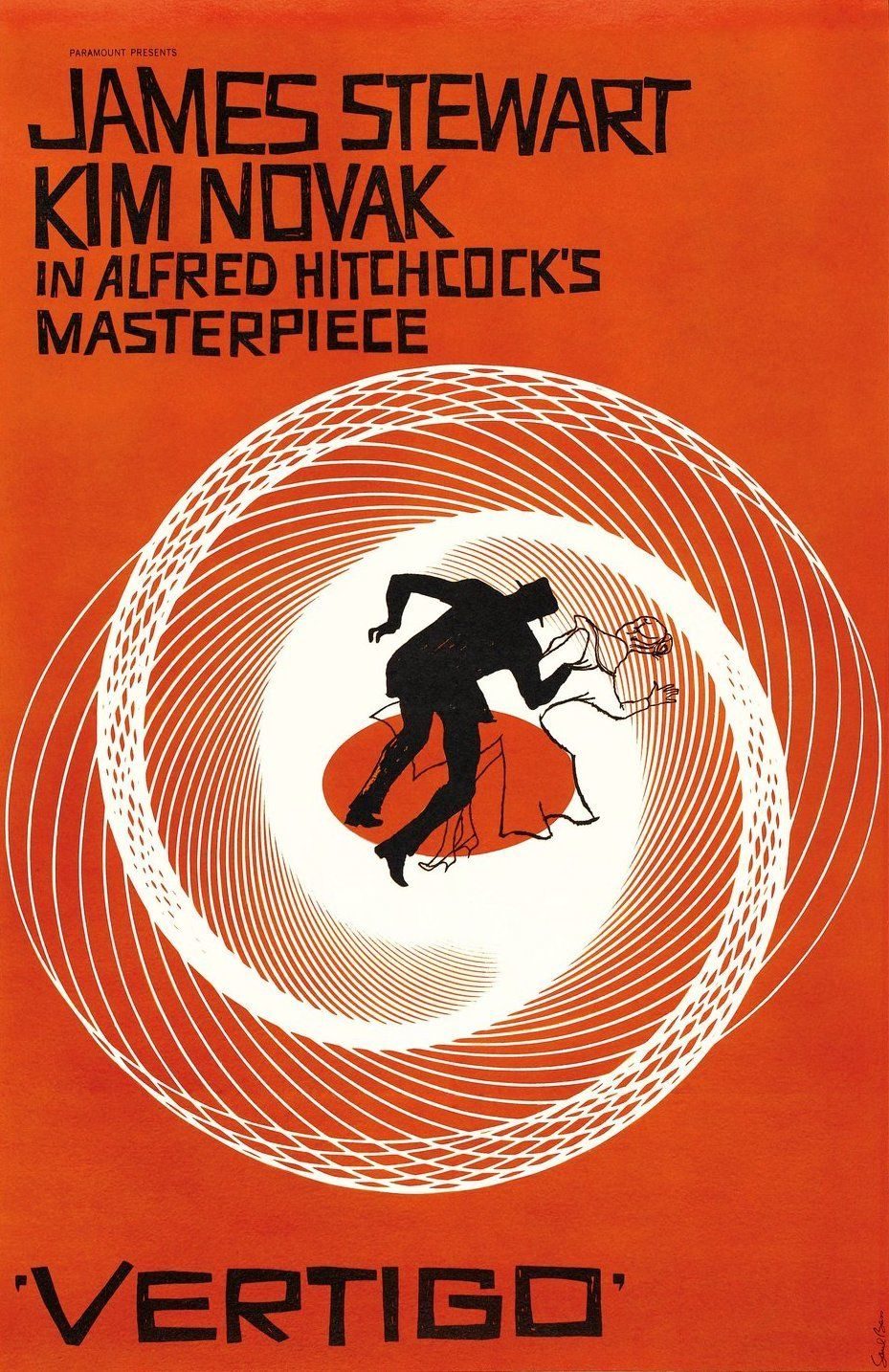 Vertigo (1958) poster by Saul Bass — spiral Lissajous figure with falling silhouette figures