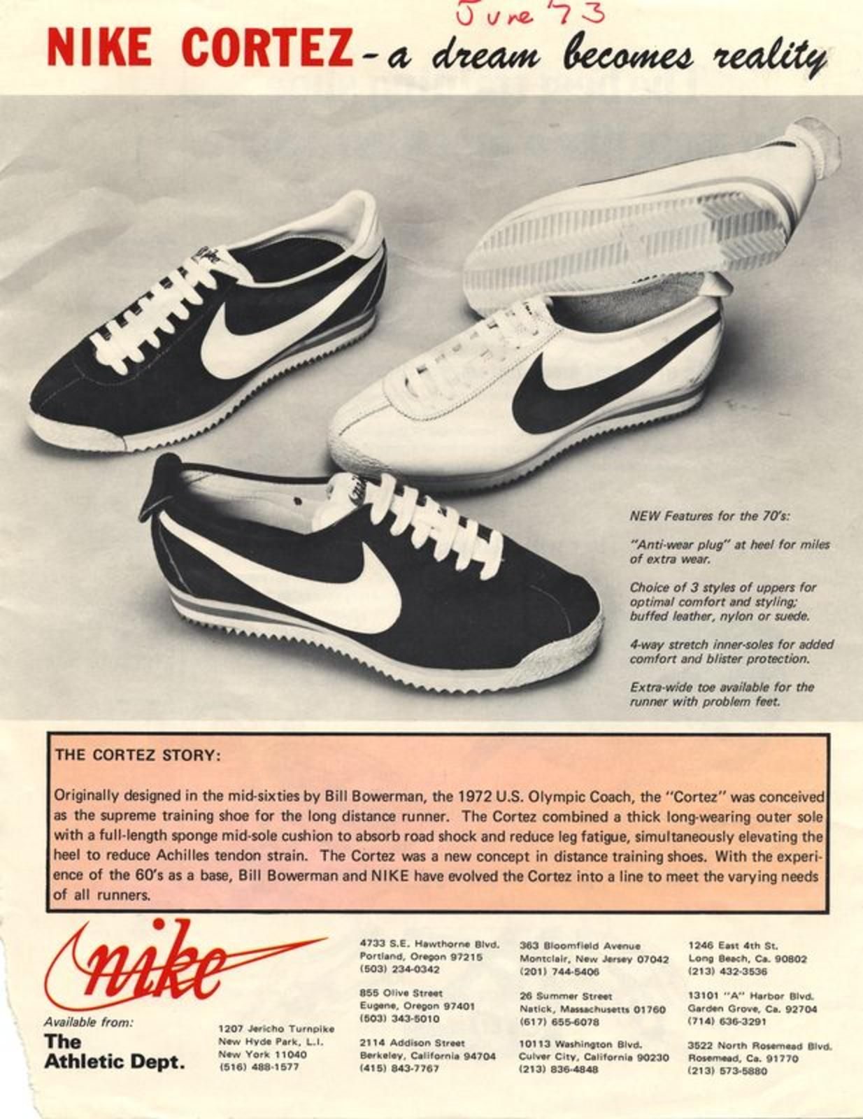 Nike Cortez running shoe advertisement, 1972–73, showing the Swoosh mark