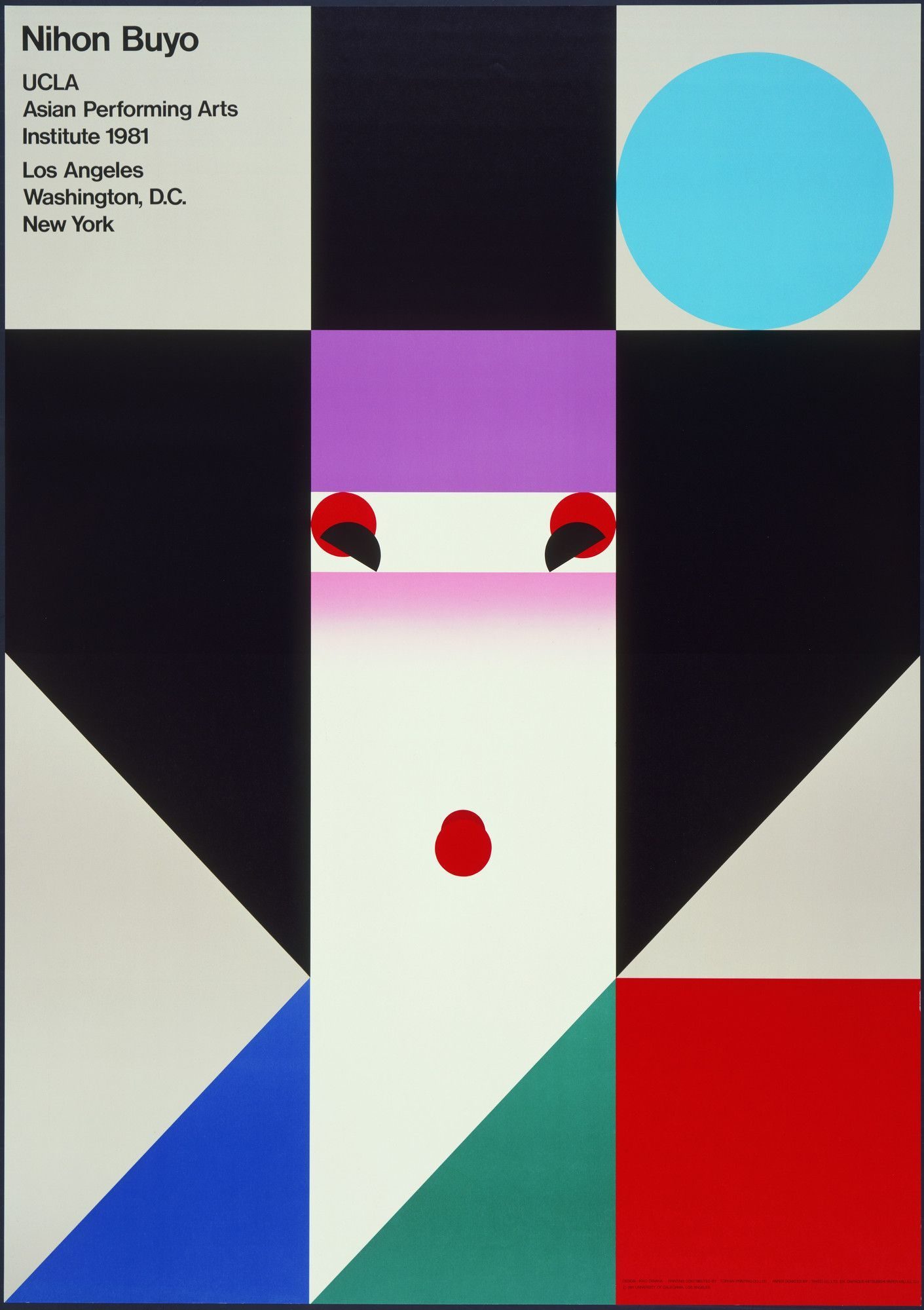 Nihon Buyo, 1981 — geometric face composed of flat colour planes on a grid