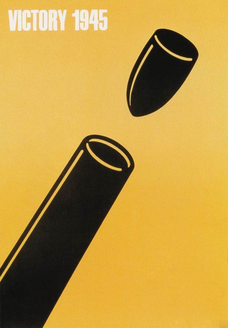Victory 1945 anti-war poster — bullet returning into cannon barrel — Shigeo Fukuda, 1975