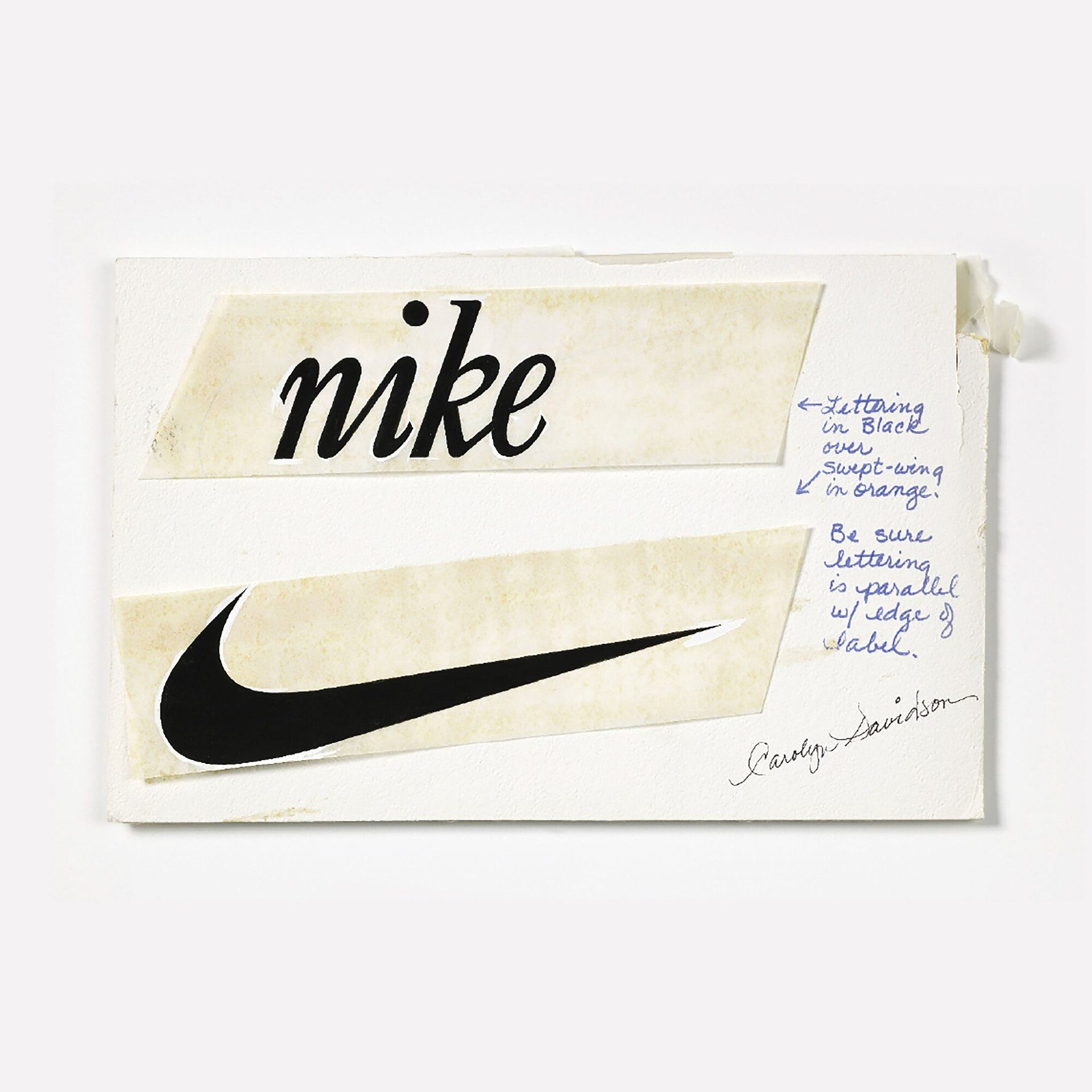 Exhibition photograph of Carolyn Davidson's original Swoosh design drawing, 1971, Vitra Design Museum