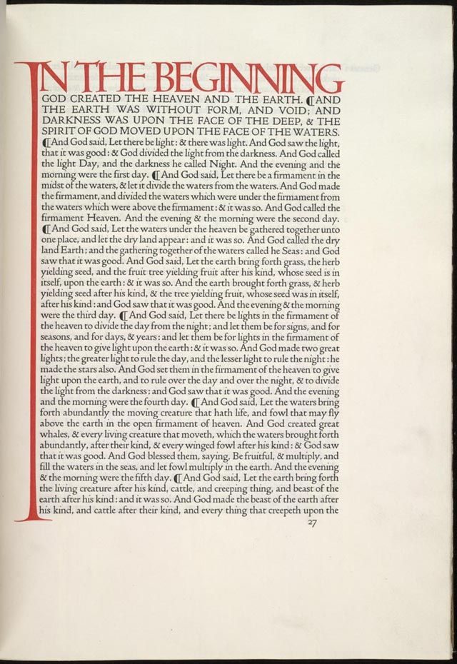 Doves Press, English Bible, opening of Genesis, 1903 — set in Doves Type with red versal initials by Edward Johnston