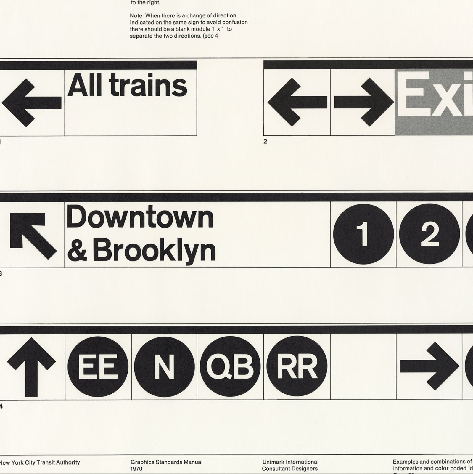 Directional signage examples from the 1970 NYCTA Graphics Standards Manual — black Helvetica station names and arrows with coloured line bullets, the Unimark wayfinding system