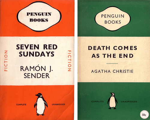 Penguin Books covers, 1938 and 1958, showing the evolution of the three-band format