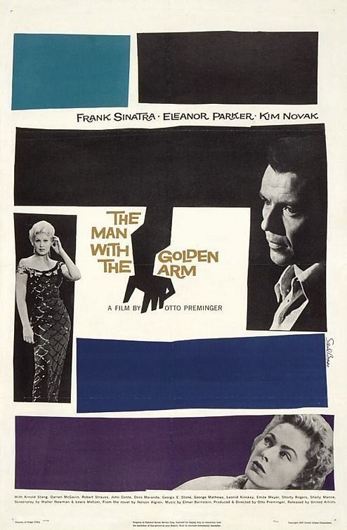 The Man with the Golden Arm (1955) poster by Saul Bass — white bars and bent-arm silhouette on black