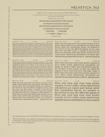 Helvetica specimen sheet, series 765, Monotype Corporation archive, 1960–1979