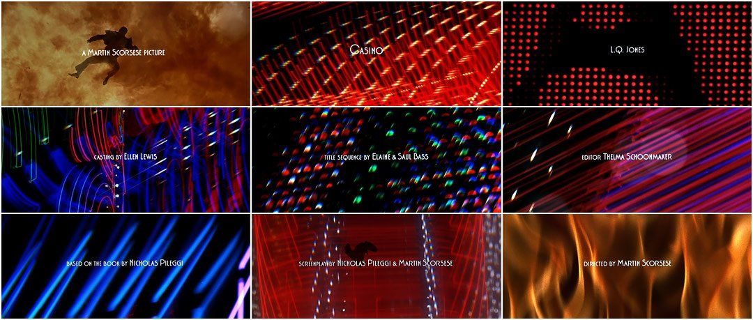 Casino (1995) title sequence by Saul and Elaine Bass — human figure falling through neon light and flame