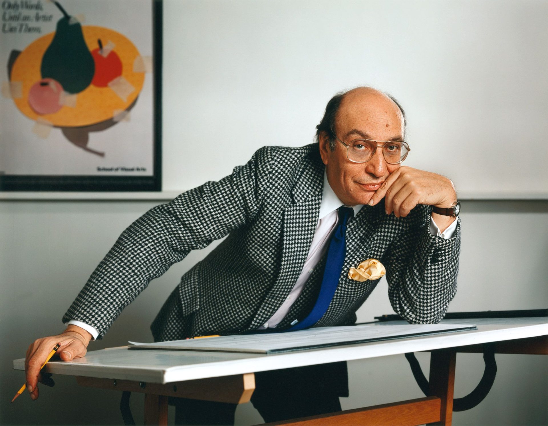 Milton Glaser at his drafting table, 1990