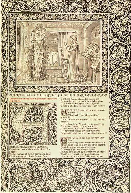 William Morris and Edward Burne-Jones, The Kelmscott Chaucer — page spread with Chaucer Type and Burne-Jones wood engravings, 1896