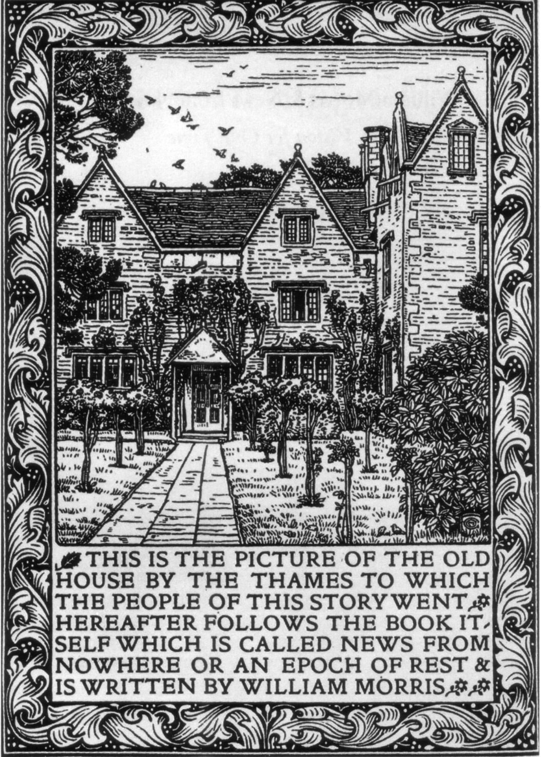 Kelmscott Press, News from Nowhere, 1892 — wood-engraved frontispiece of Kelmscott Manor by Charles March Gere